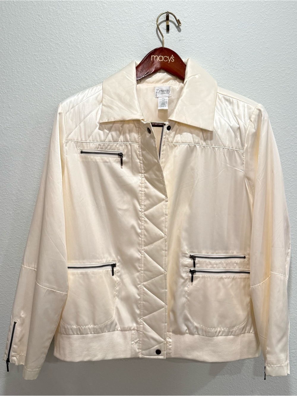 Chico’s Zenergy White Sheen Bomber Jacket XL NWT Utility Zip Pocket Athleisure